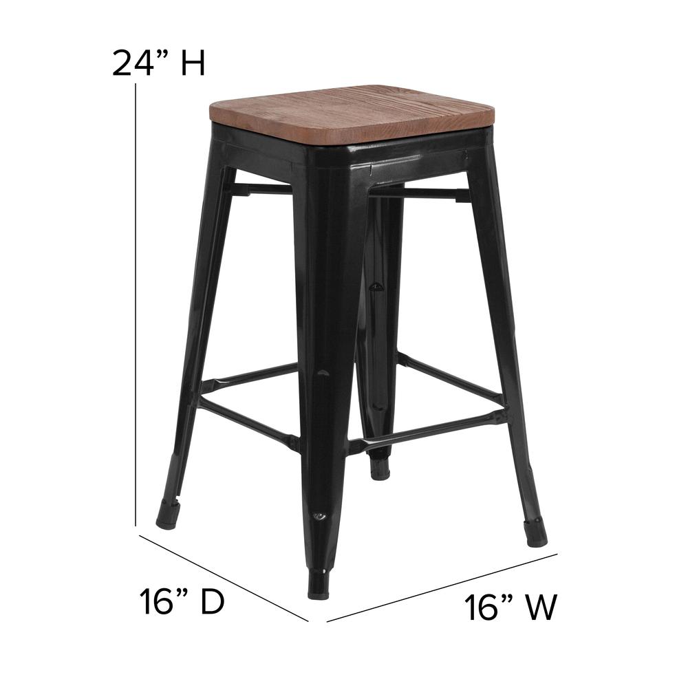24" High Backless Black Metal Counter Height Stool with Square Wood Seat. Picture 2