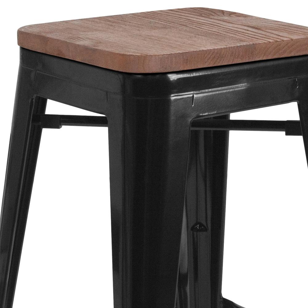 24" High Backless Black Metal Counter Height Stool with Square Wood Seat. Picture 3