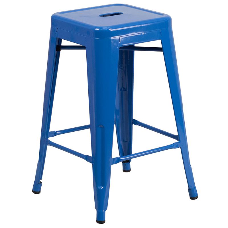 Commercial Grade 24" High Backless Blue Metal Indoor-Outdoor Counter Height Stool with Square Seat. Picture 1