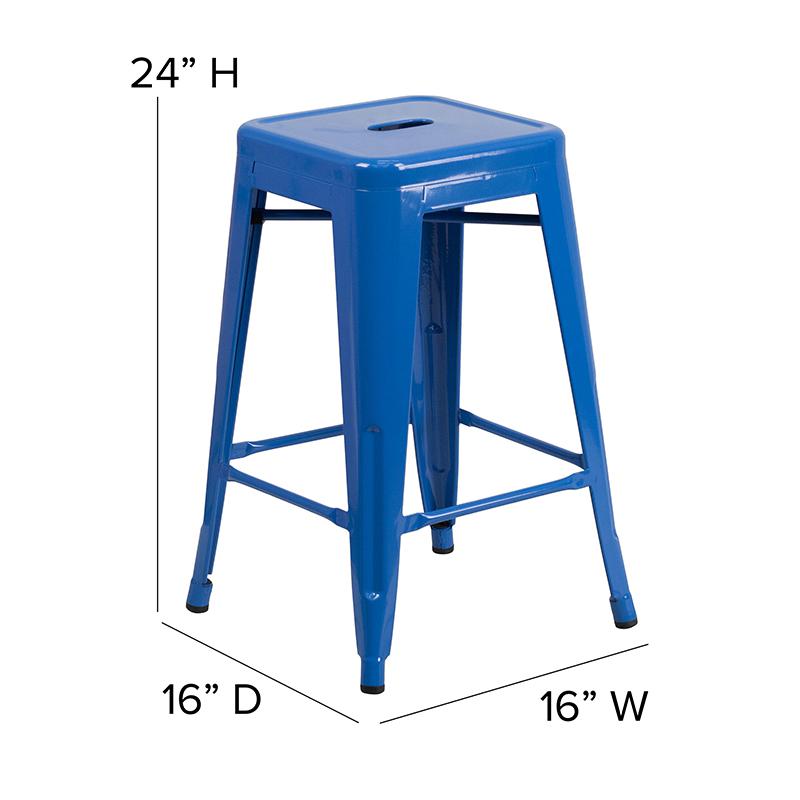 24" High Backless Blue Metal Indoor-Outdoor Counter Height Stool with Seat. Picture 6