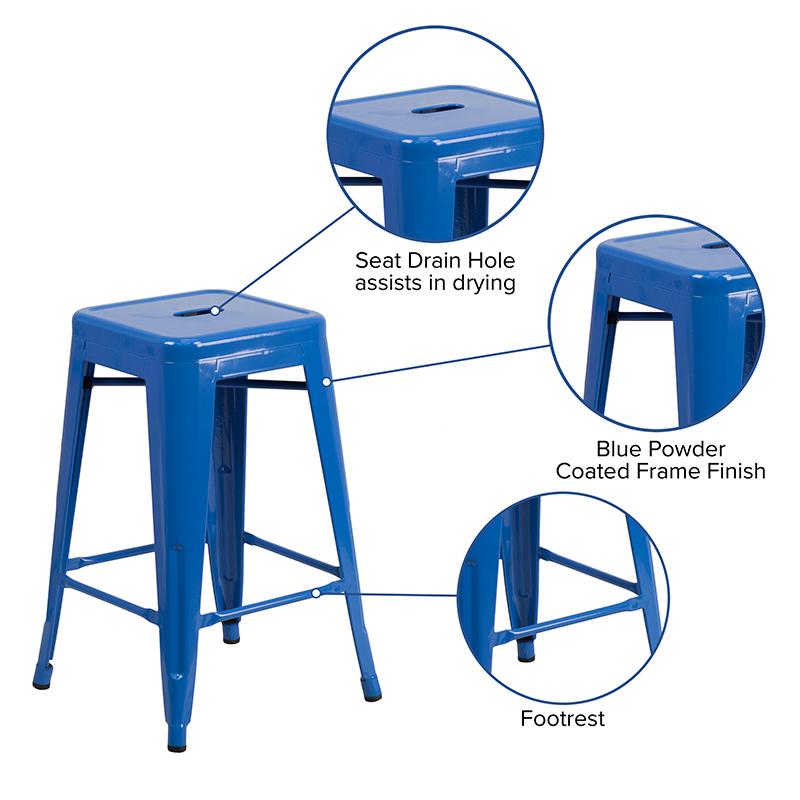 Commercial Grade 24" High Backless Blue Metal Indoor-Outdoor Counter Height Stool with Square Seat. Picture 3