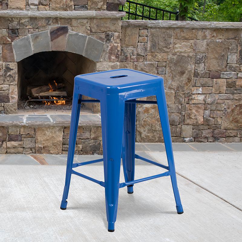 Commercial Grade 24" High Backless Blue Metal Indoor-Outdoor Counter Height Stool with Square Seat. Picture 6