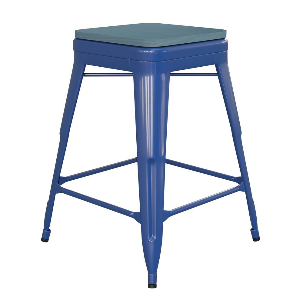 24" High Blue Metal Counter Height Stool with Teal-Blue Poly Resin Wood Seat. Picture 2