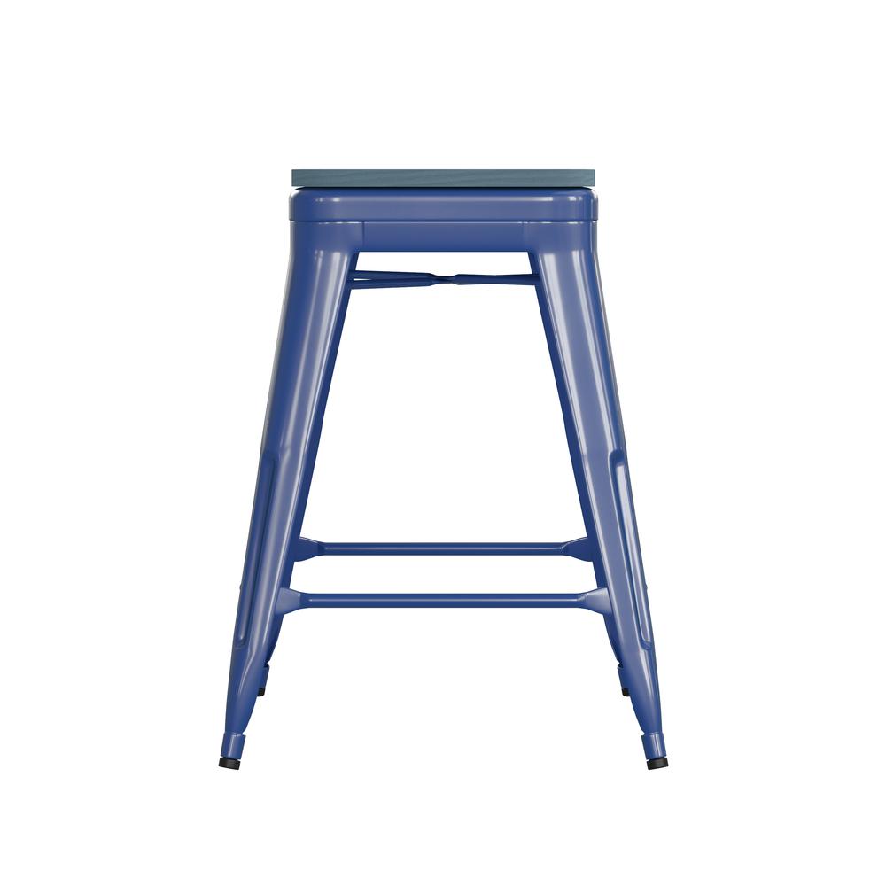 24" High Blue Metal Counter Height Stool with Teal-Blue Poly Resin Wood Seat. Picture 10