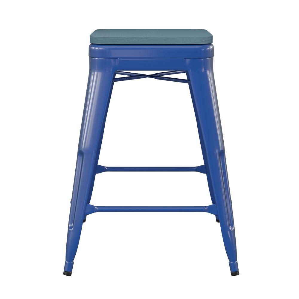 24" High Blue Metal Counter Height Stool with Teal-Blue Poly Resin Wood Seat. Picture 9