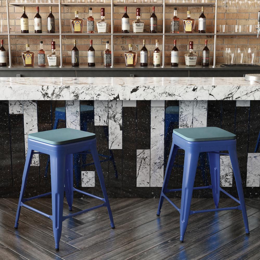 24" High Blue Metal Counter Height Stool with Teal-Blue Poly Resin Wood Seat. Picture 7