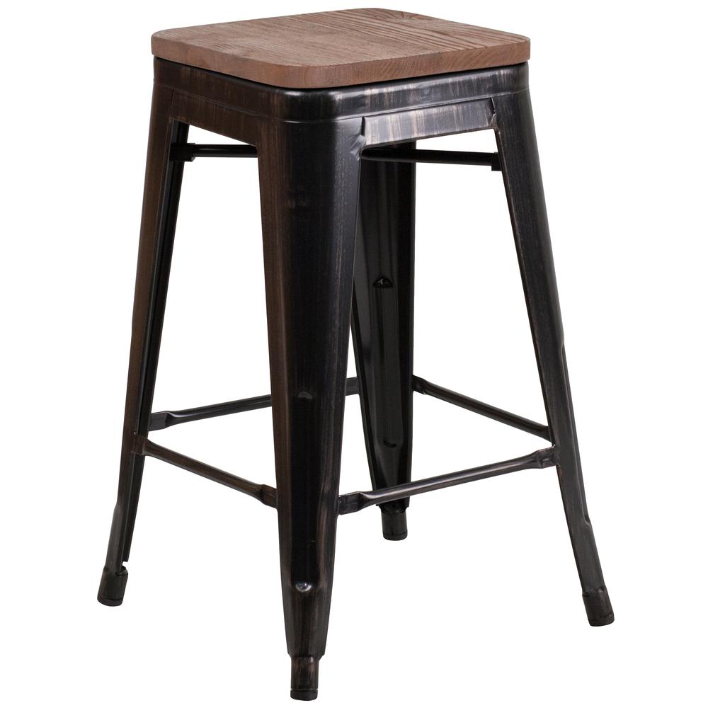 24" High Backless Black-Antique Gold Metal Counter Height Stool with Square Wood Seat. Picture 1