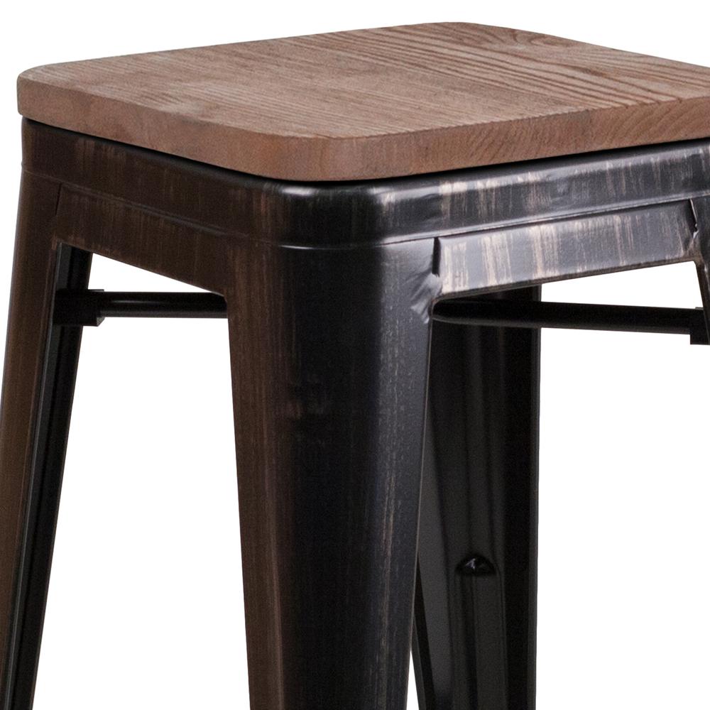 24" High Backless Black-Antique Gold Metal Counter Height Stool with Square Wood Seat. Picture 2