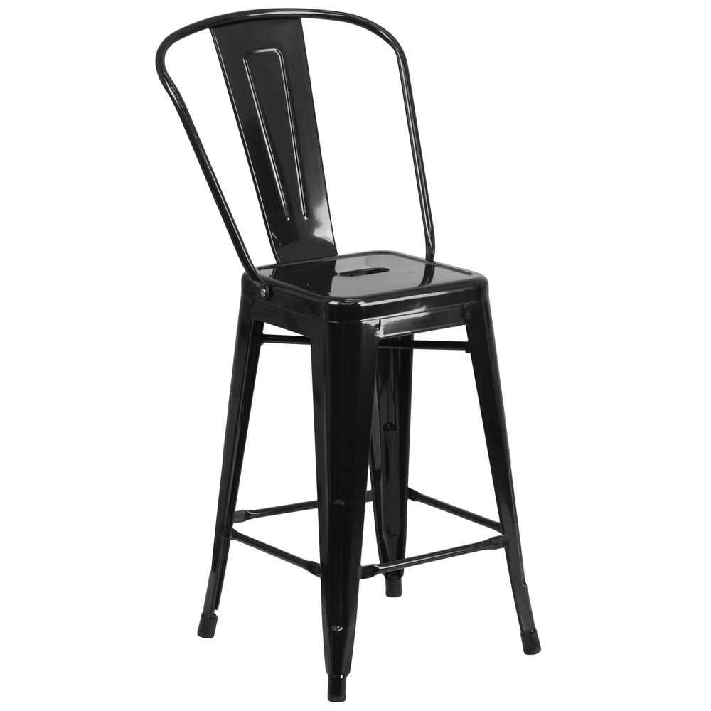 Commercial Grade 24" High Black Metal Indoor-Outdoor Counter Height Stool with Removable Back. Picture 1