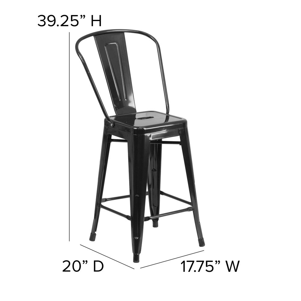 Commercial Grade 24" High Black Metal Indoor-Outdoor Counter Height Stool with Removable Back. Picture 2