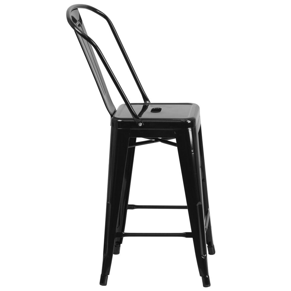 Commercial Grade 24" High Black Metal Indoor-Outdoor Counter Height Stool with Removable Back. Picture 3