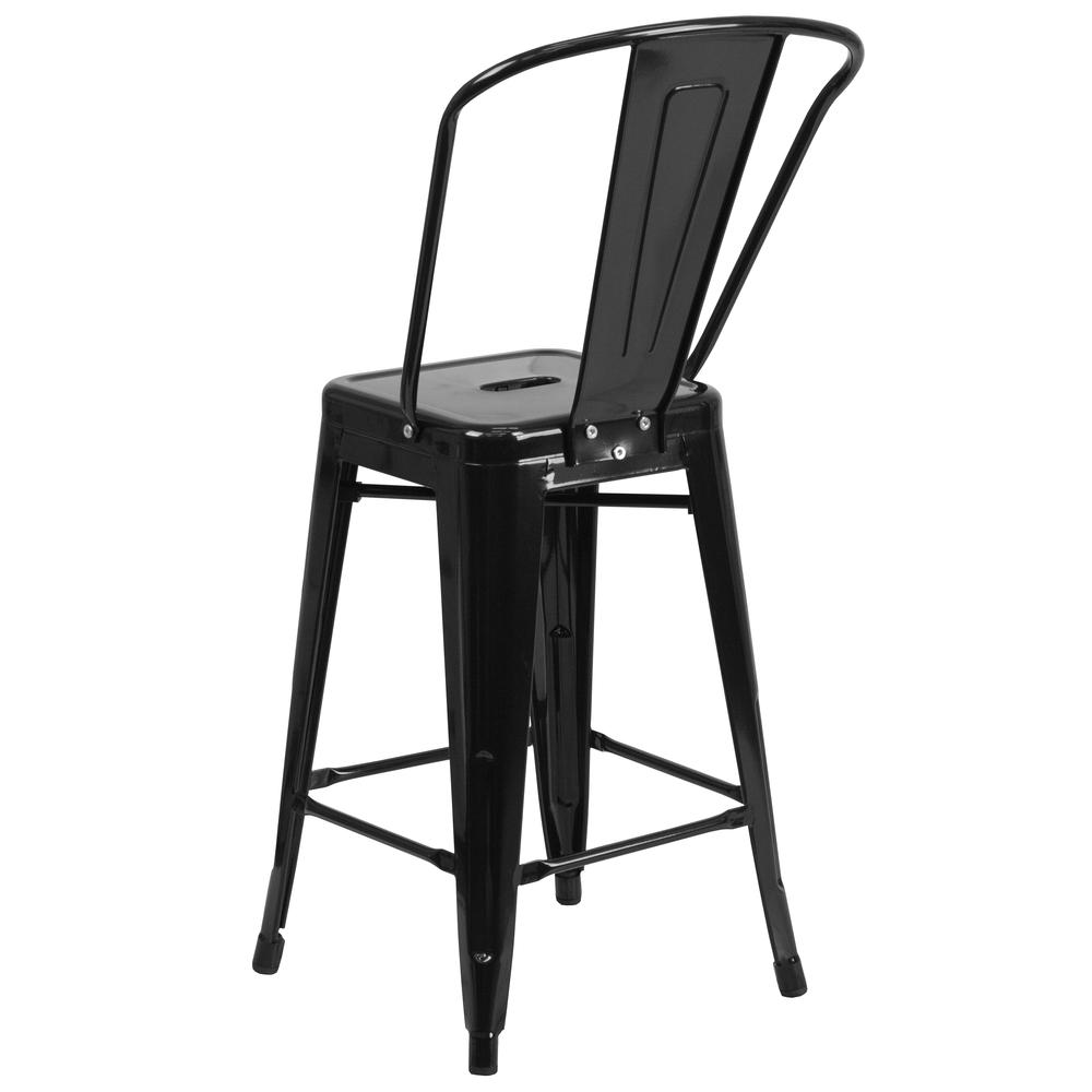 Commercial Grade 24" High Black Metal Indoor-Outdoor Counter Height Stool with Removable Back. Picture 4