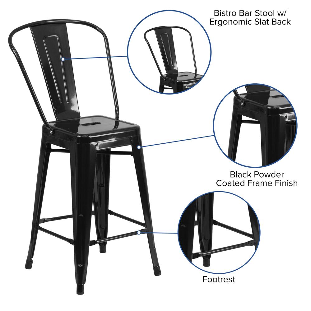 Commercial Grade 24" High Black Metal Indoor-Outdoor Counter Height Stool with Removable Back. Picture 6