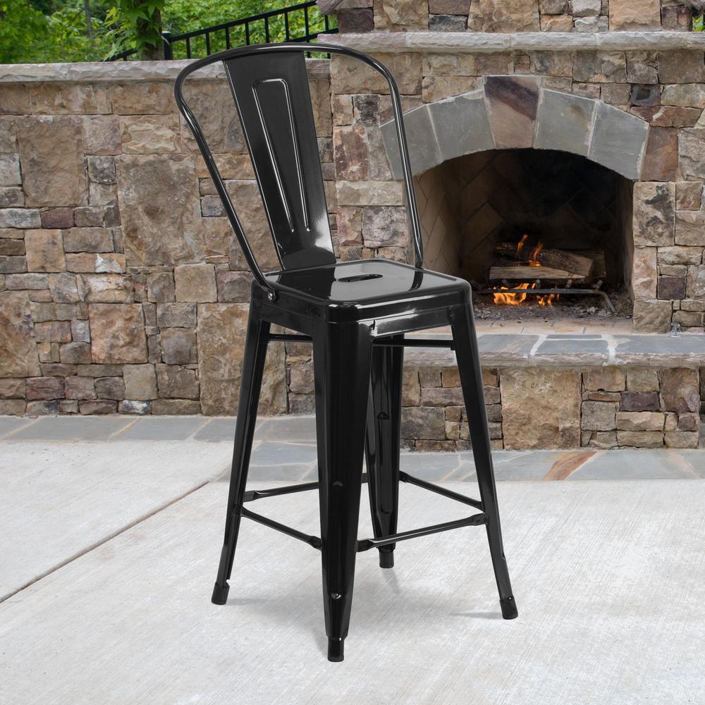 Commercial Grade 24" High Black Metal Indoor-Outdoor Counter Height Stool with Removable Back. Picture 9