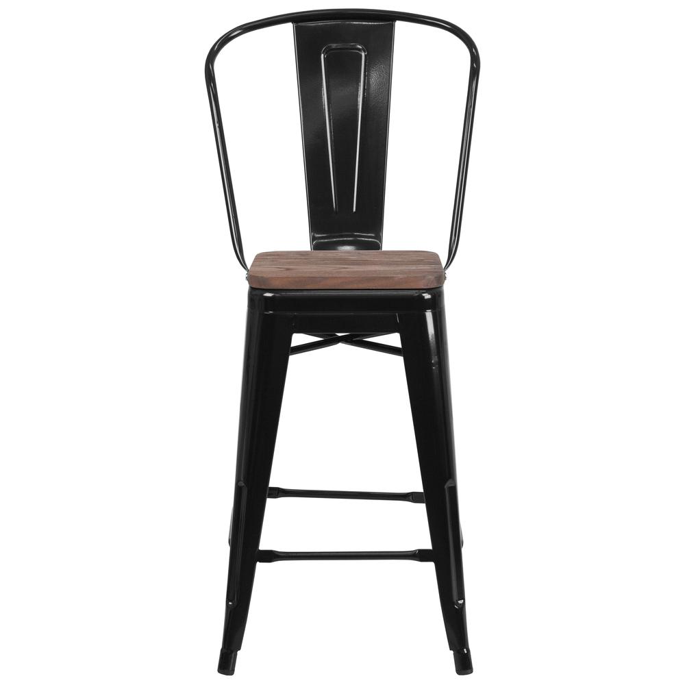 24" High Black Metal Counter Height Stool with Back and Wood Seat. Picture 5