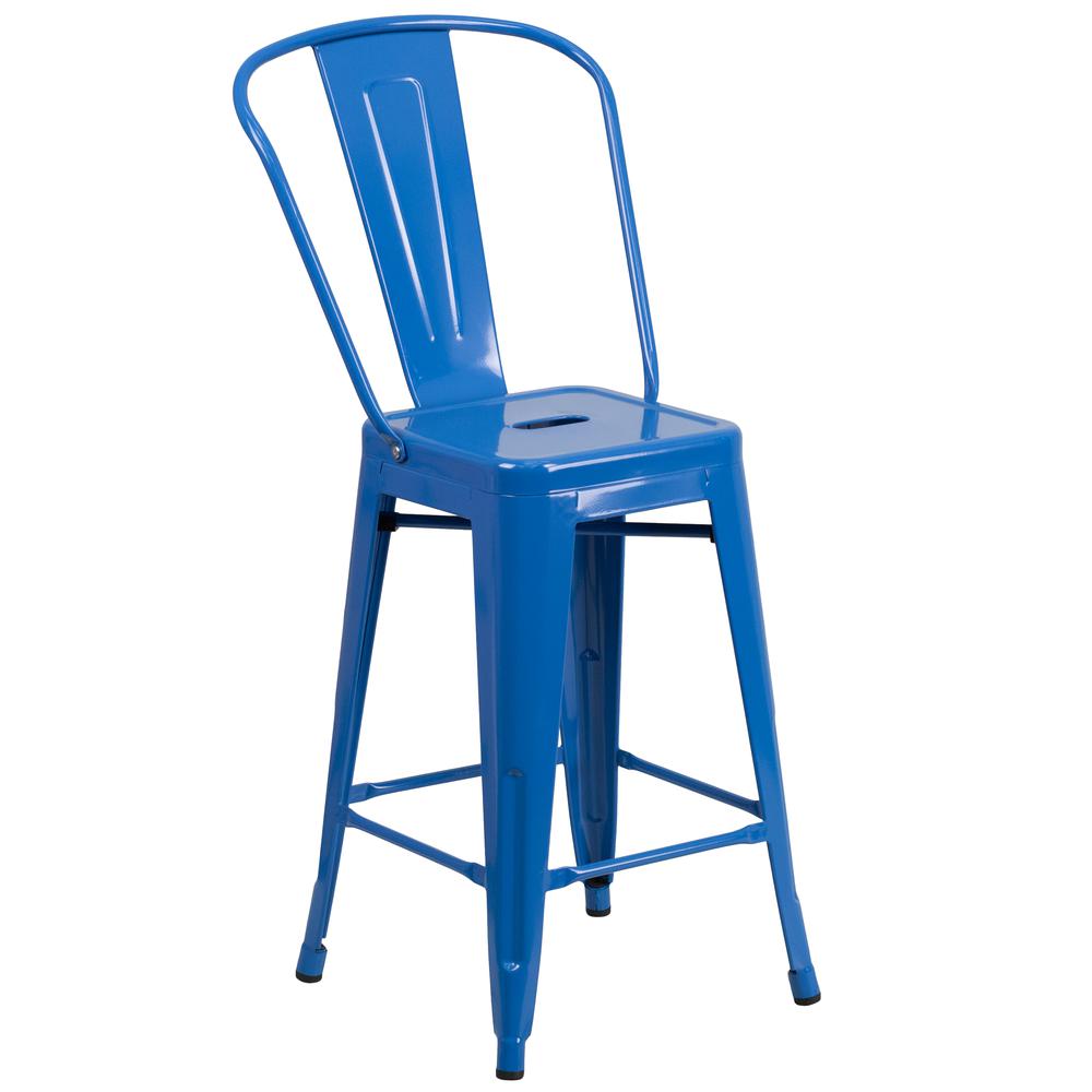 Commercial Grade 24" High Blue Metal Indoor-Outdoor Counter Height Stool with Removable Back. Picture 1