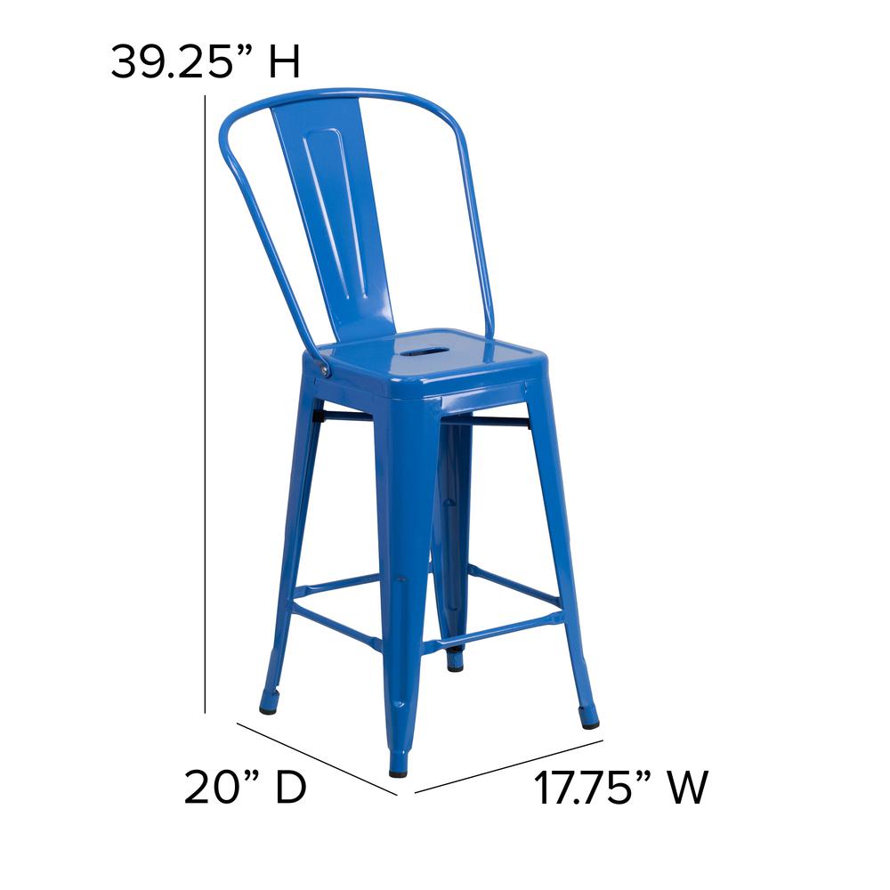 Commercial Grade 24" High Blue Metal Indoor-Outdoor Counter Height Stool with Removable Back. Picture 2