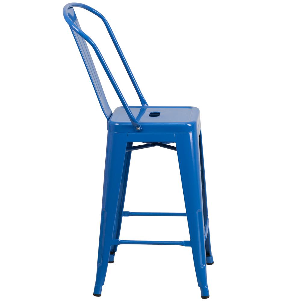 Commercial Grade 24" High Blue Metal Indoor-Outdoor Counter Height Stool with Removable Back. Picture 3