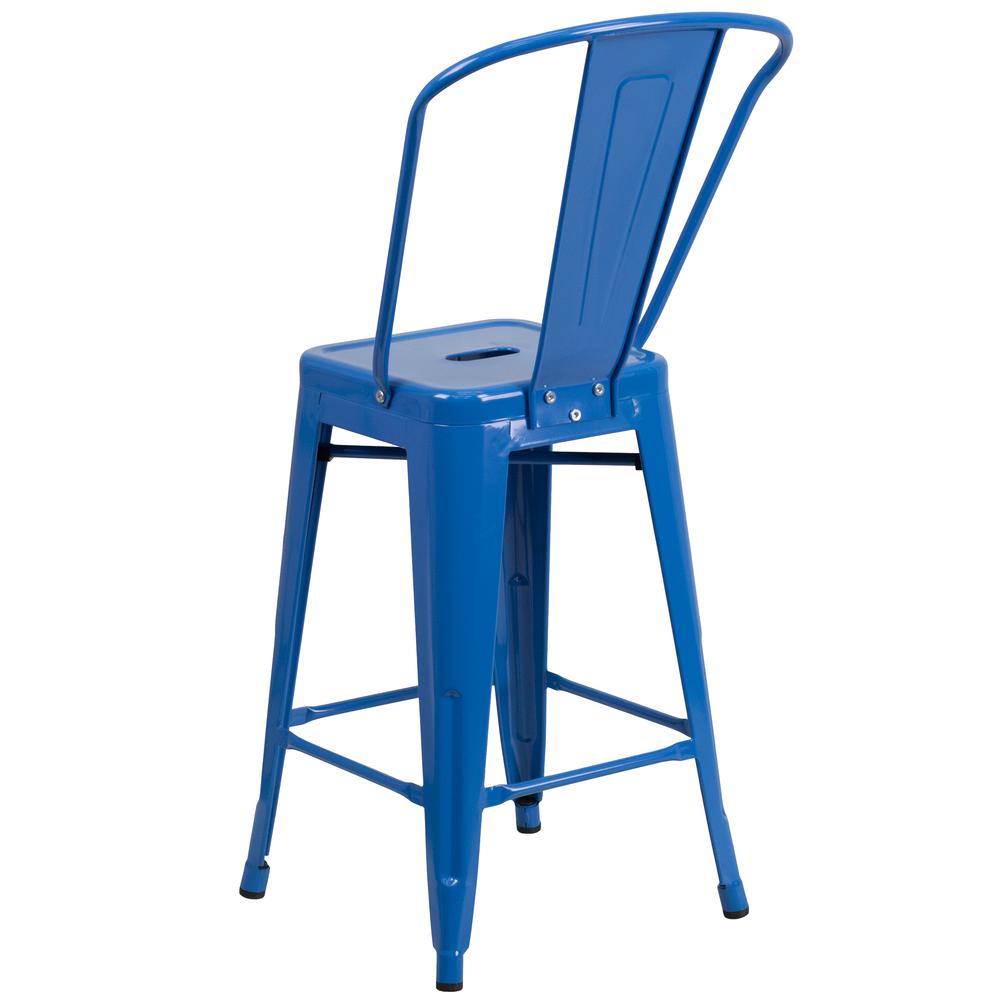 Commercial Grade 24" High Blue Metal Indoor-Outdoor Counter Height Stool with Removable Back. Picture 4