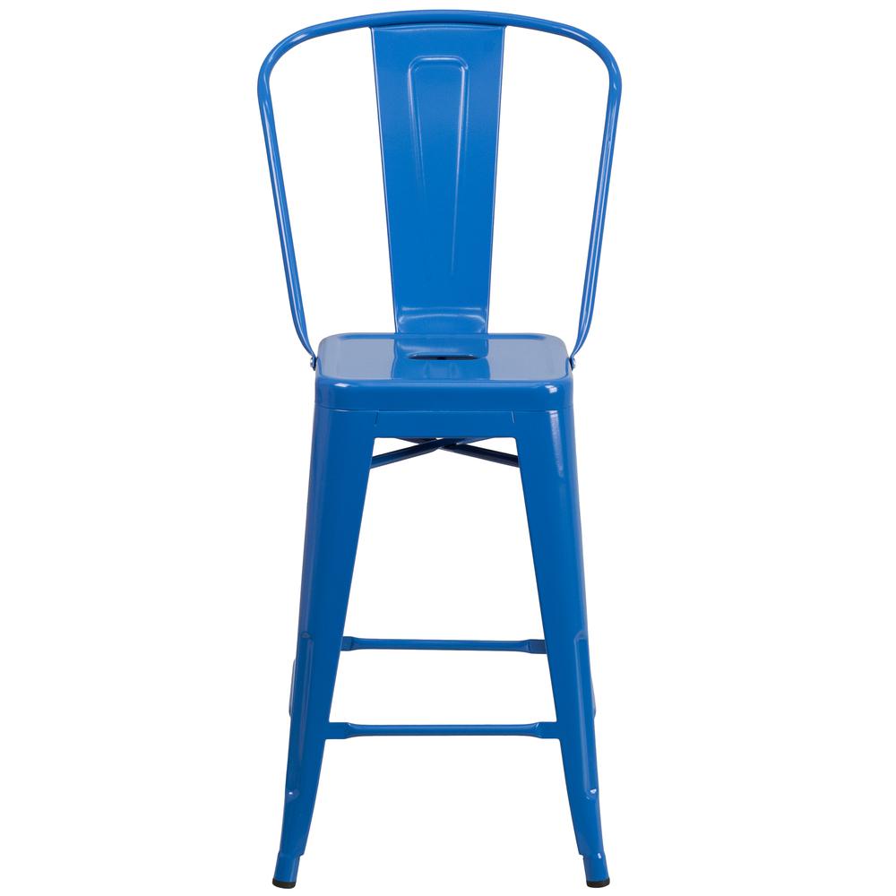 Commercial Grade 24" High Blue Metal Indoor-Outdoor Counter Height Stool with Removable Back. Picture 5