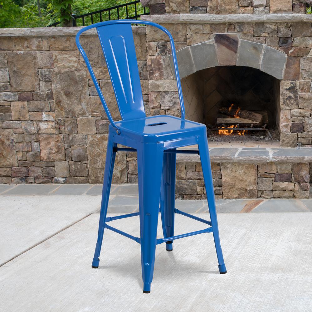 Commercial Grade 24" High Blue Metal Indoor-Outdoor Counter Height Stool with Removable Back. Picture 6