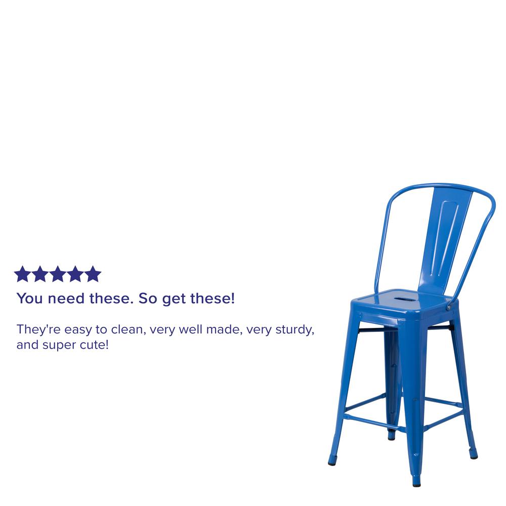 Commercial Grade 24" High Blue Metal Indoor-Outdoor Counter Height Stool with Removable Back. Picture 7