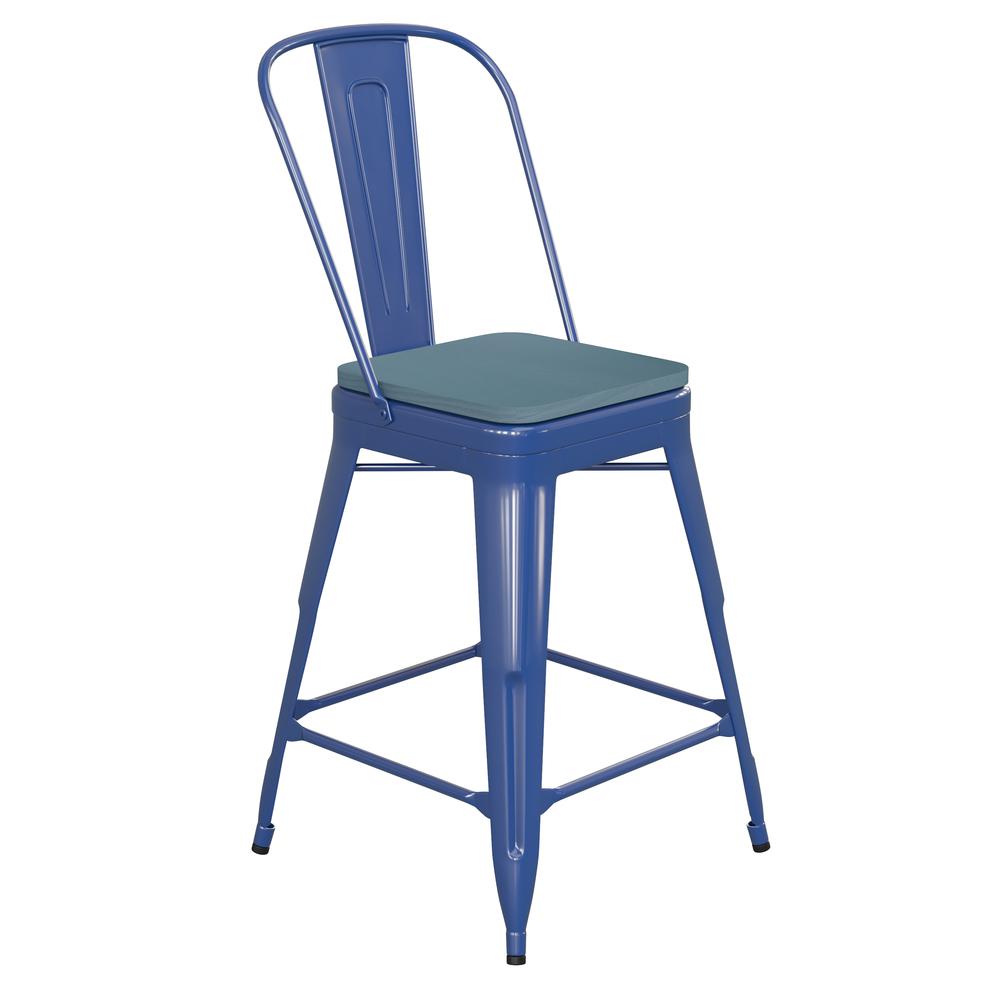 24" High Blue Metal Indoor-Counter Height Stool with Removable Back. Picture 2