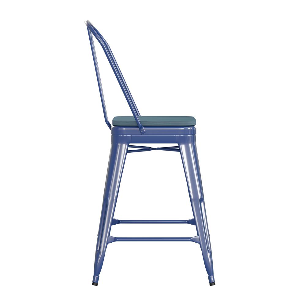 24" High Blue Metal Indoor-Counter Height Stool with Removable Back. Picture 10