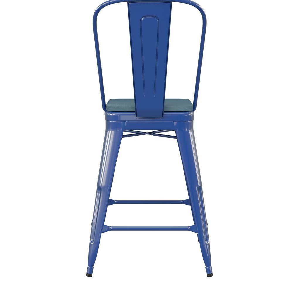 24" High Blue Metal Indoor-Counter Height Stool with Removable Back. Picture 9