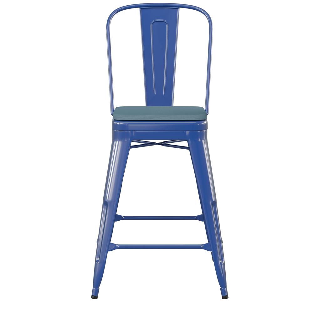 24" High Blue Metal Indoor-Counter Height Stool with Removable Back. Picture 11
