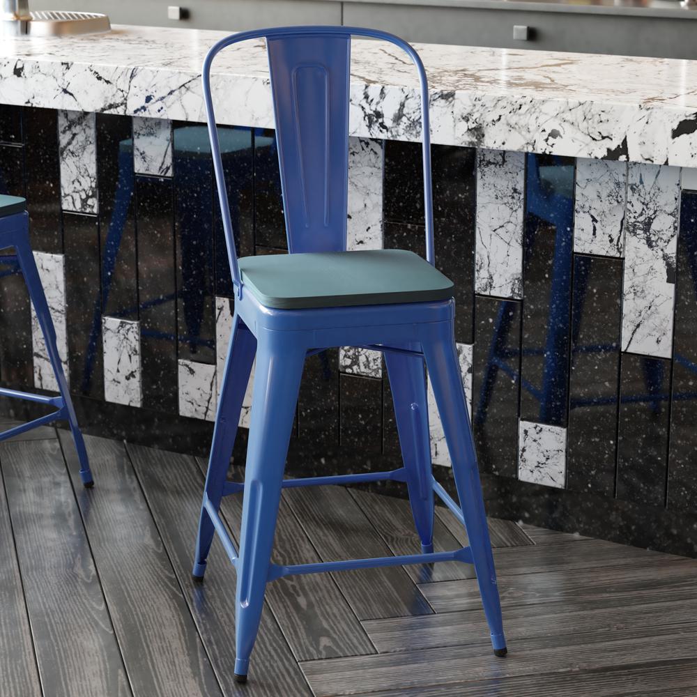 24" High Blue Metal Indoor-Counter Height Stool with Removable Back. Picture 8