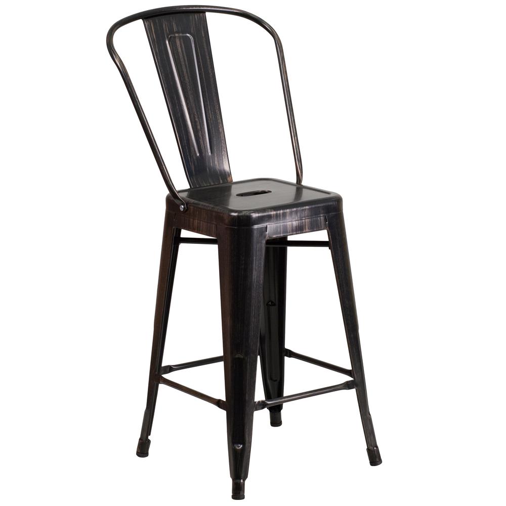 Commercial Grade 24" High Black-Antique Gold Metal Indoor-Outdoor Counter Height Stool with Removable Back. Picture 1