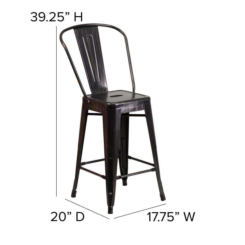 Commercial Grade 24" High Black-Antique Gold Metal Indoor-Outdoor Counter Height Stool with Removable Back. Picture 2