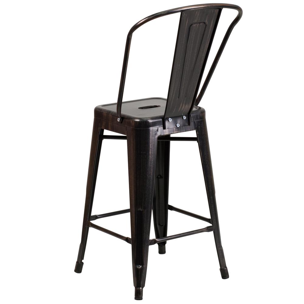 Commercial Grade 24" High Black-Antique Gold Metal Indoor-Outdoor Counter Height Stool with Removable Back. Picture 4
