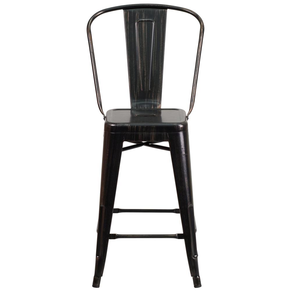 Commercial Grade 24" High Black-Antique Gold Metal Indoor-Outdoor Counter Height Stool with Removable Back. Picture 5