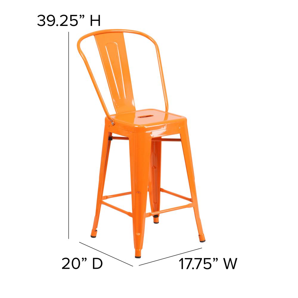 Commercial Grade 24" High Orange Metal Indoor-Outdoor Counter Height Stool with Removable Back. Picture 2