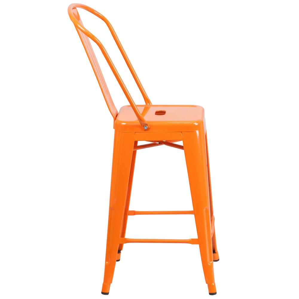 Commercial Grade 24" High Orange Metal Indoor-Outdoor Counter Height Stool with Removable Back. Picture 3