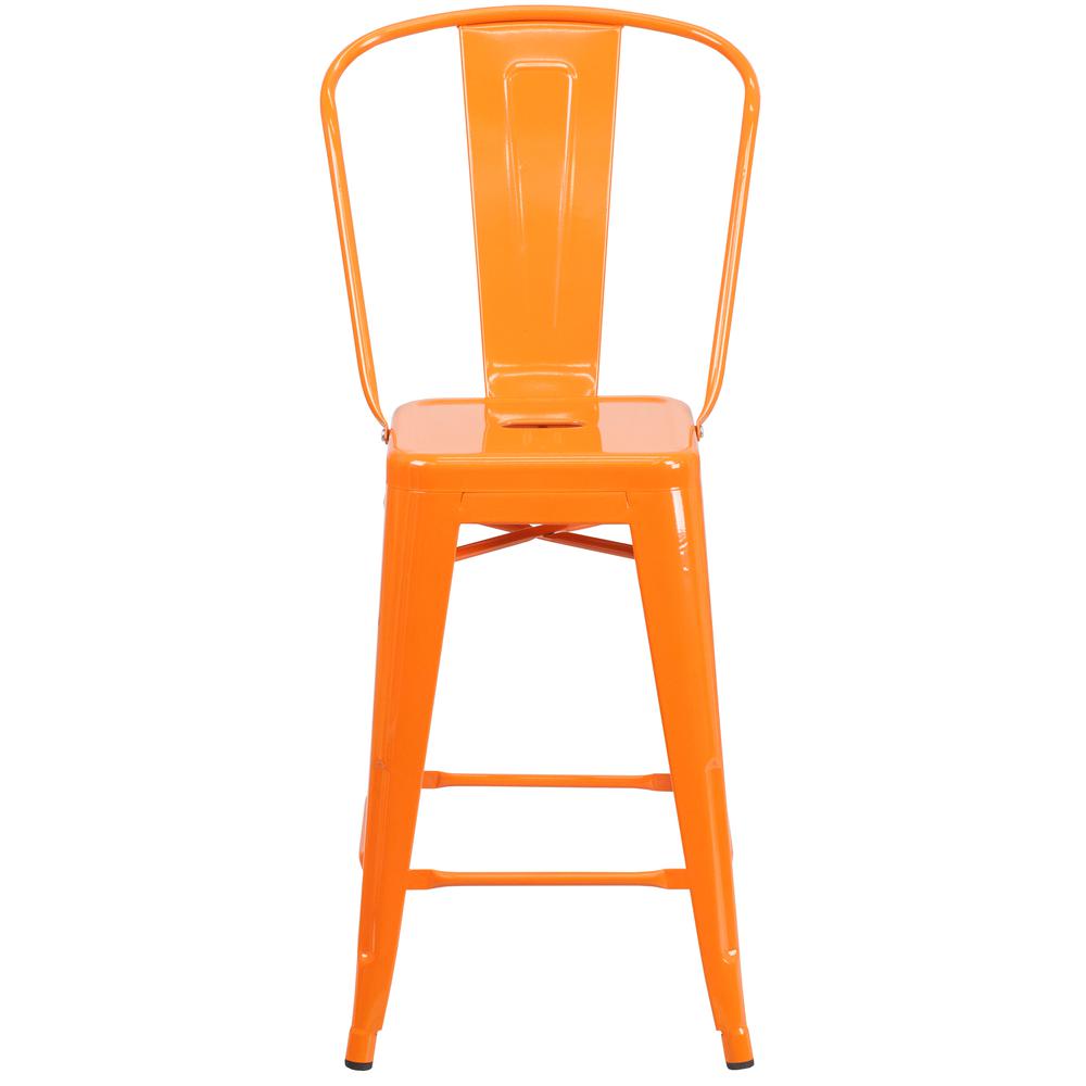 Commercial Grade 24" High Orange Metal Indoor-Outdoor Counter Height Stool with Removable Back. Picture 5