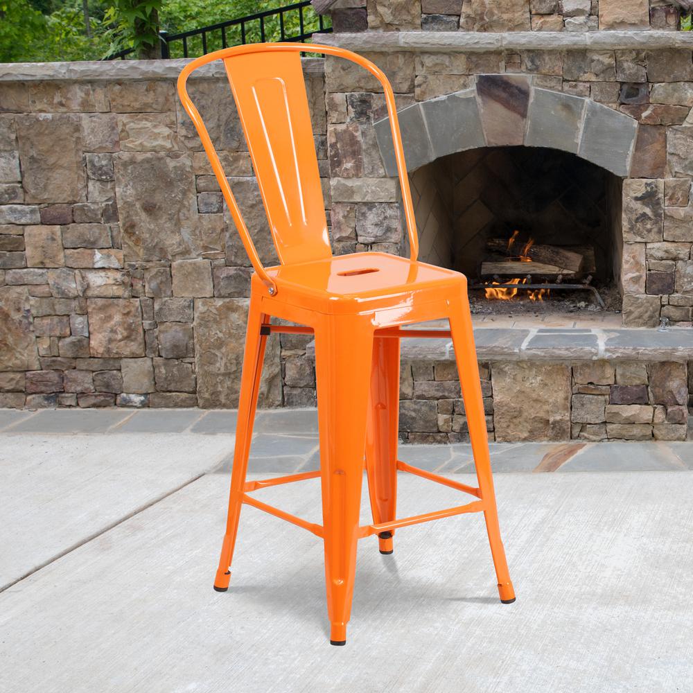 Commercial Grade 24" High Orange Metal Indoor-Outdoor Counter Height Stool with Removable Back. Picture 6