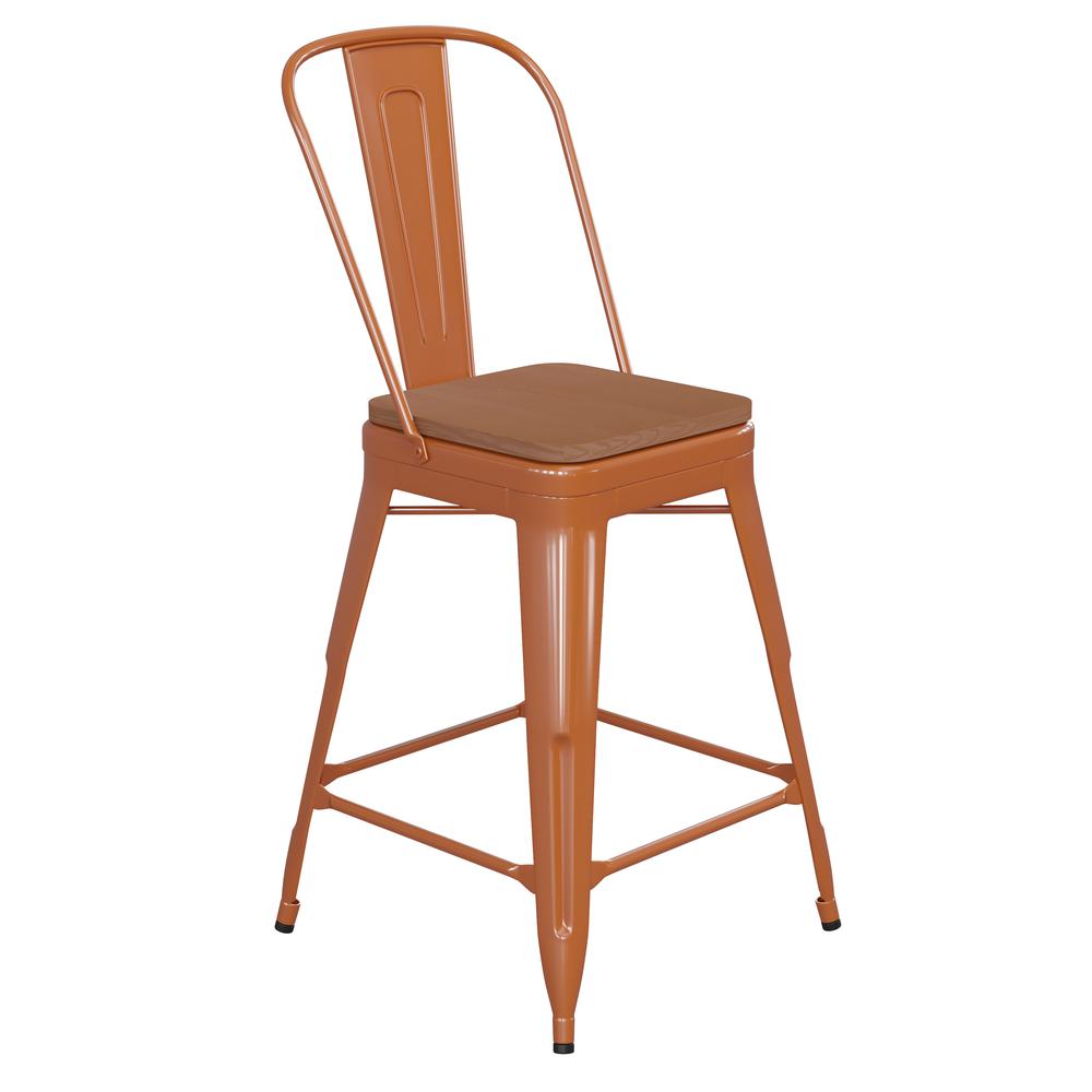 24" High Orange Metal Indoor-Counter Height Stool with Removable Back. Picture 2