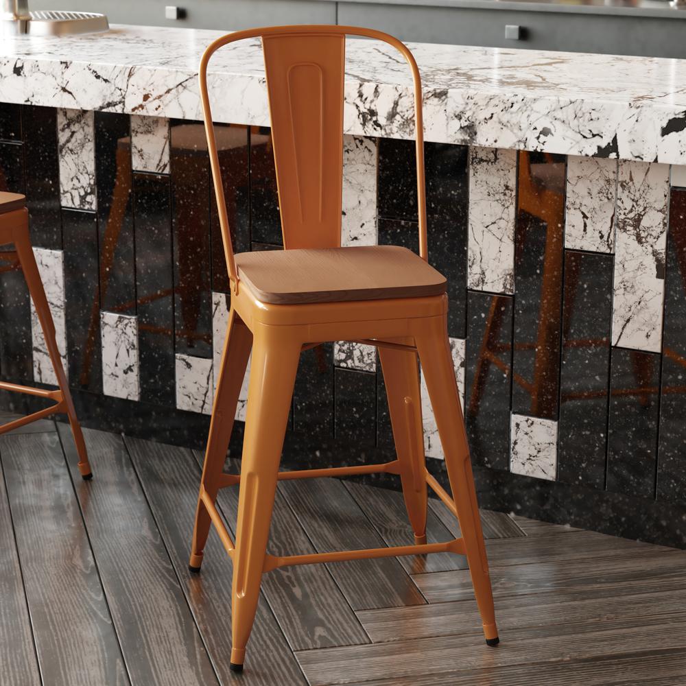 24" High Orange Metal Indoor-Counter Height Stool with Removable Back. Picture 8