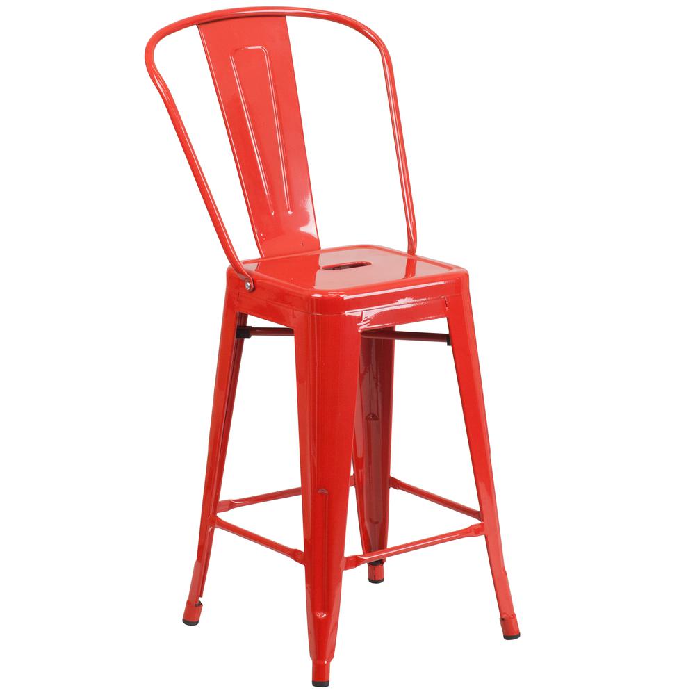 Commercial Grade 24" High Red Metal Indoor-Outdoor Counter Height Stool with Removable Back. Picture 1