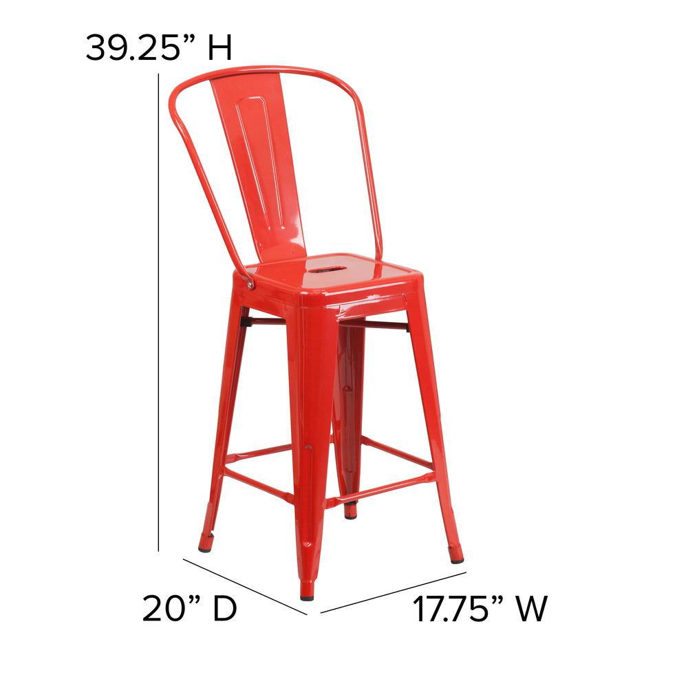 Commercial Grade 24" High Red Metal Indoor-Outdoor Counter Height Stool with Removable Back. Picture 2