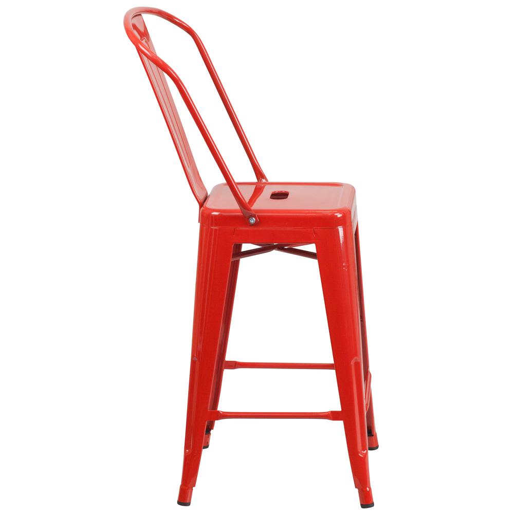 Commercial Grade 24" High Red Metal Indoor-Outdoor Counter Height Stool with Removable Back. Picture 3