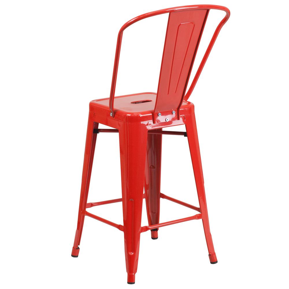 Commercial Grade 24" High Red Metal Indoor-Outdoor Counter Height Stool with Removable Back. Picture 4