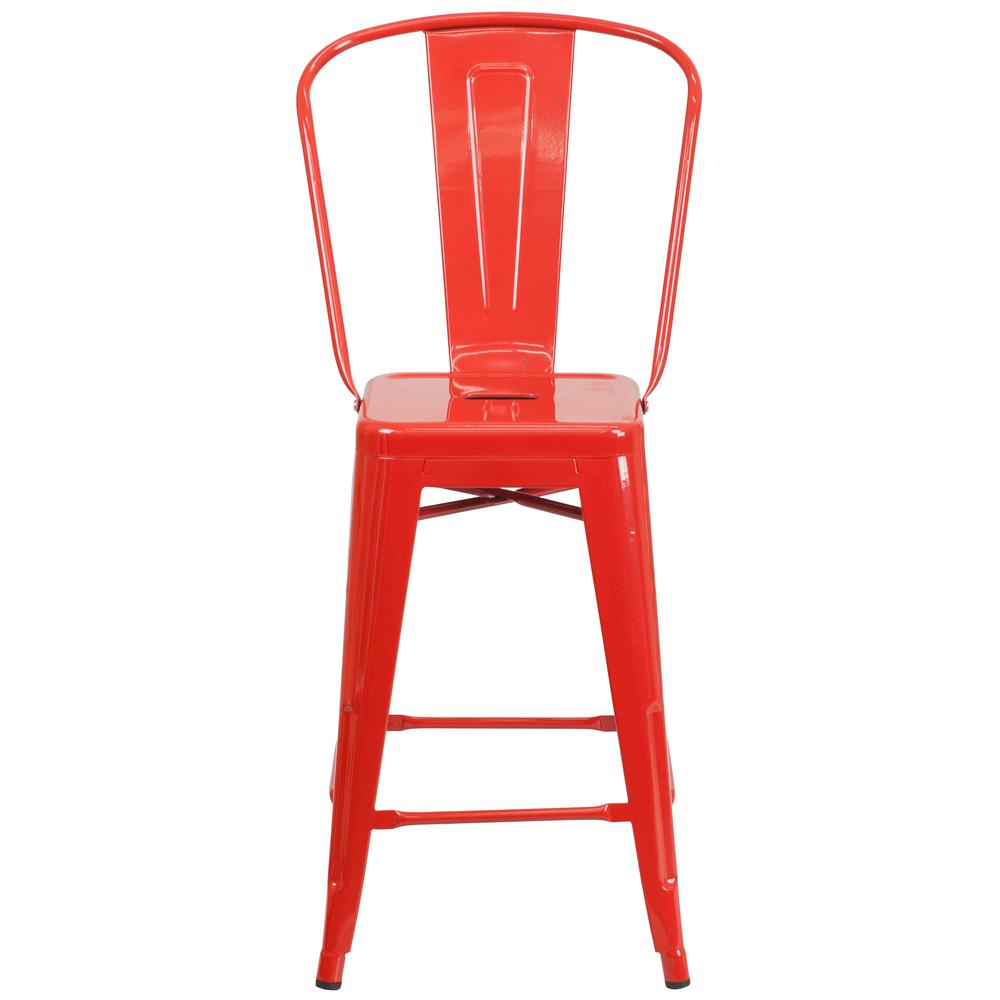Commercial Grade 24" High Red Metal Indoor-Outdoor Counter Height Stool with Removable Back. Picture 5