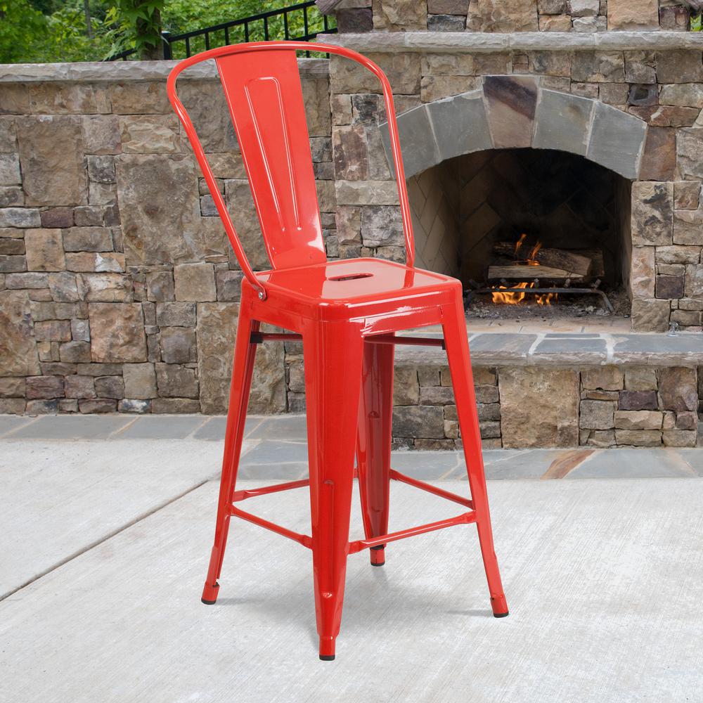 Commercial Grade 24" High Red Metal Indoor-Outdoor Counter Height Stool with Removable Back. Picture 6