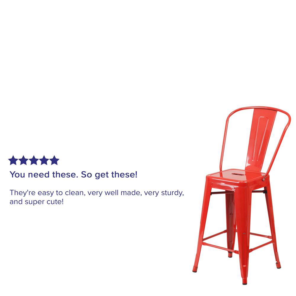 Commercial Grade 24" High Red Metal Indoor-Outdoor Counter Height Stool with Removable Back. Picture 7