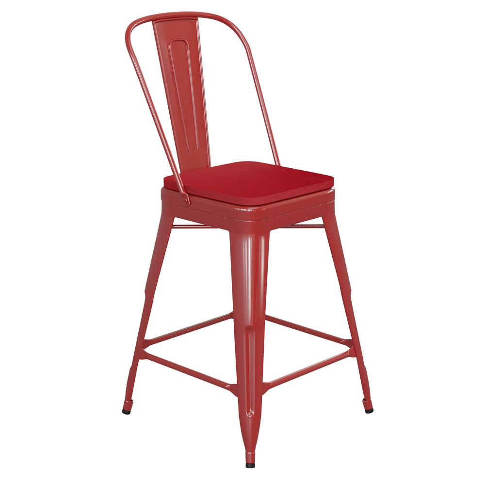 24" High Red Metal Indoor-Counter Height Stool with Removable Back. Picture 2