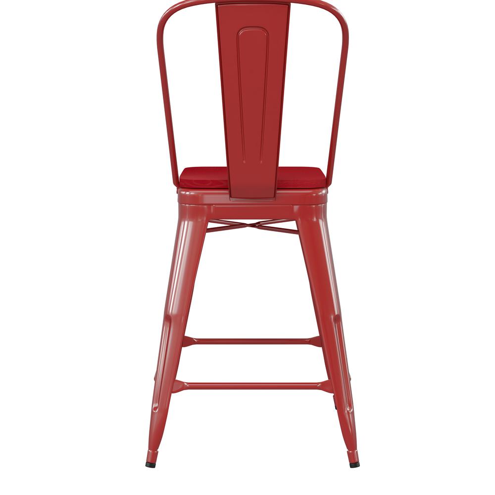 24" High Red Metal Indoor-Counter Height Stool with Removable Back. Picture 9